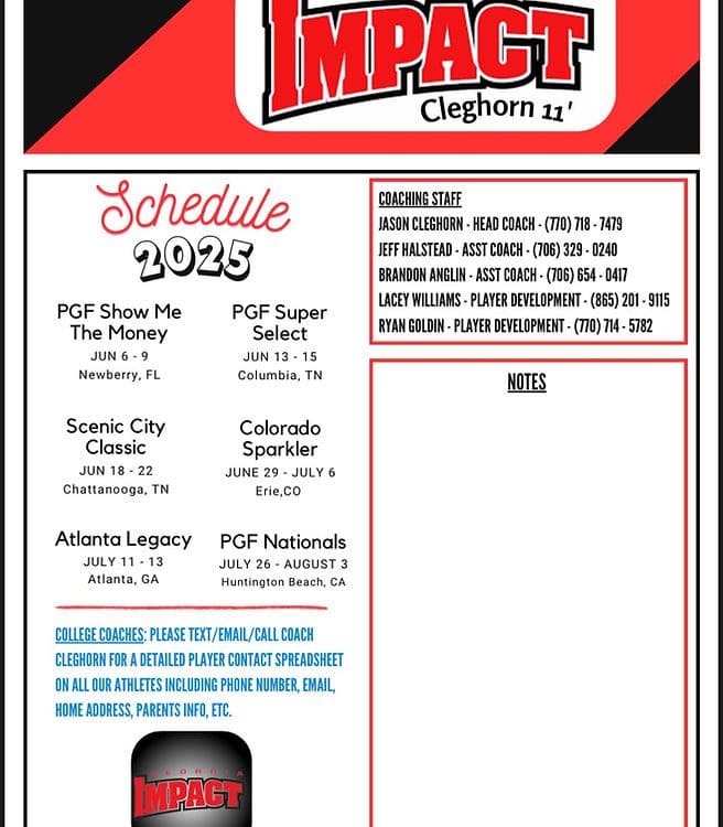 Impact Cleghorn 2025 softball schedule poster.