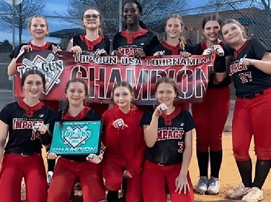 Girls softball team holding championship banner.