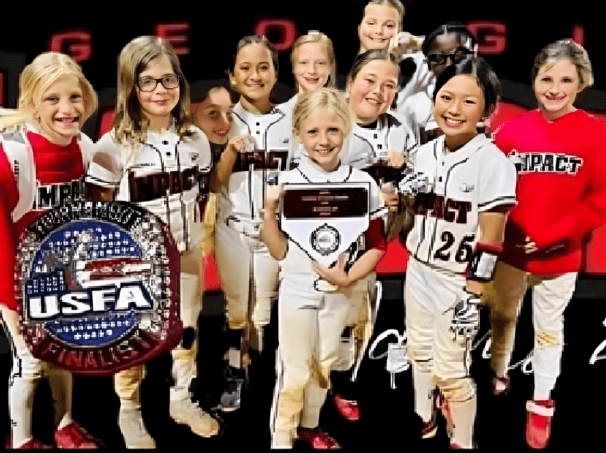 Youth softball team with championship plaque.