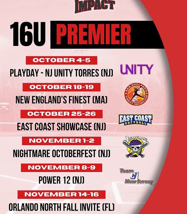 16U Premier softball tournament schedule poster.