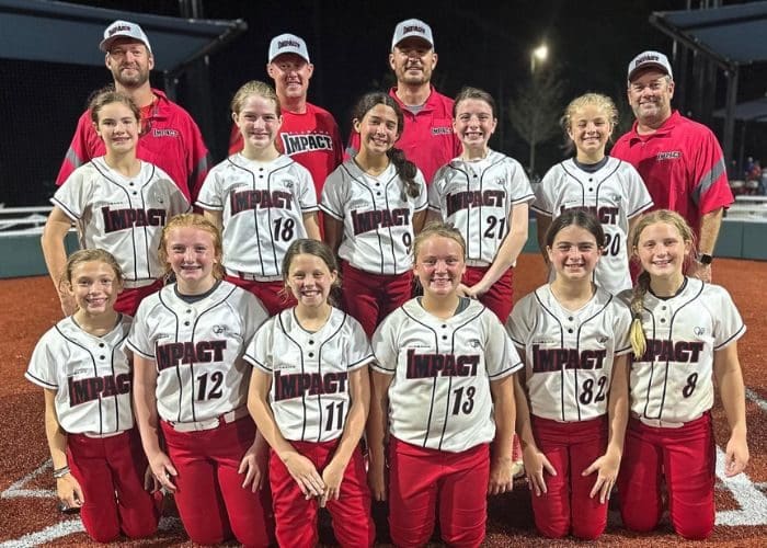 Girls softball team posing on field