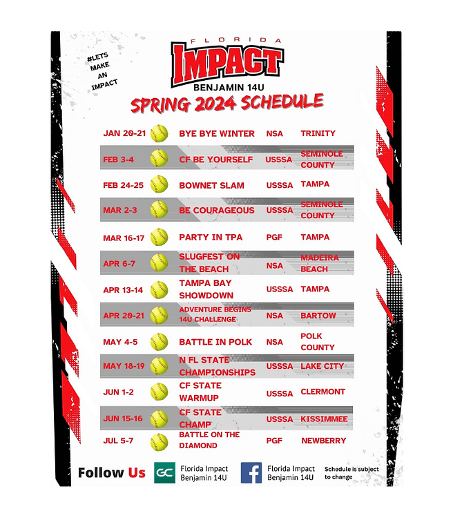 Spring 2024 softball schedule, Florida Impact team.