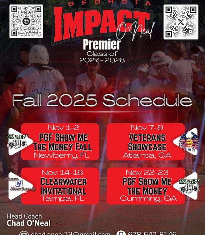 Fall 2025 softball schedule with dates.