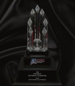 Crystal trophy with engraved base on fabric.