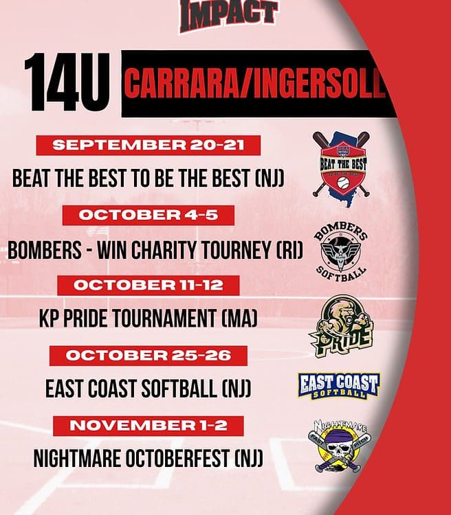 14U softball tournament schedule with logos.