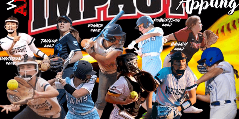 Softball players in action with team logos.