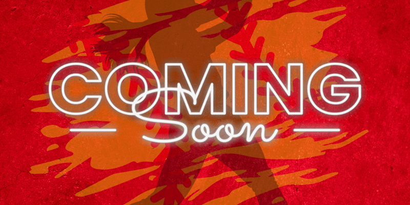 Coming Soon" text on red abstract background.