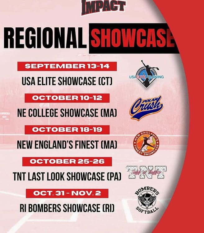 Regional softball showcase schedule and logos.