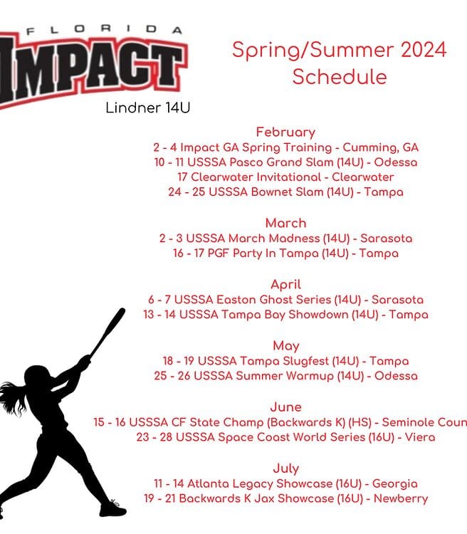 Florida Impact Spring/Summer 2024 Softball Schedule.