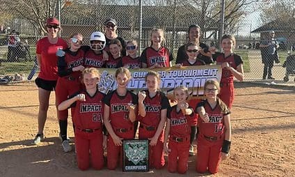 Youth softball team holding championship plaque