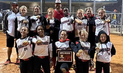 Youth softball team celebrating with medals and trophy.
