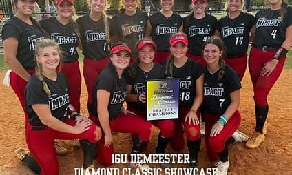 Girls' softball team with championship plaque.