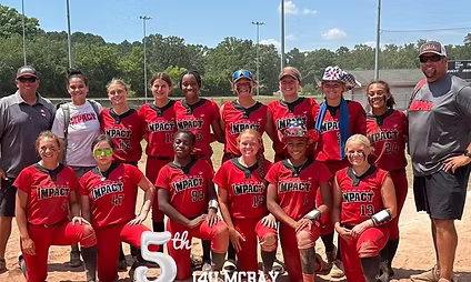 Softball team in red uniforms on field
