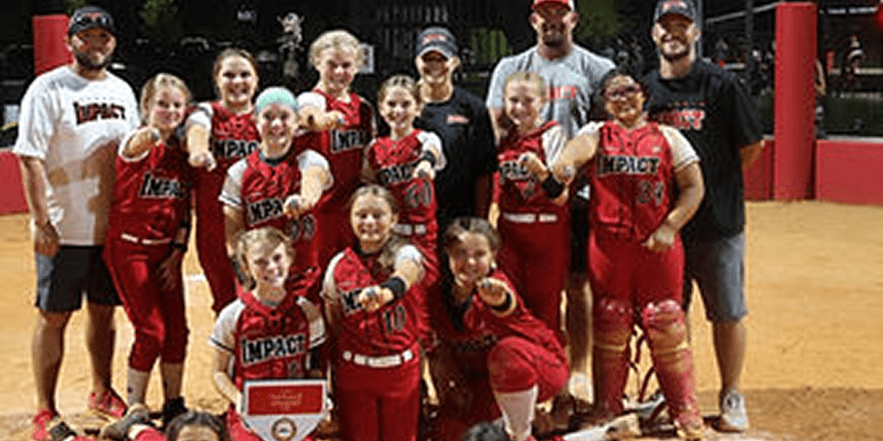 Girls softball team in red uniforms posing