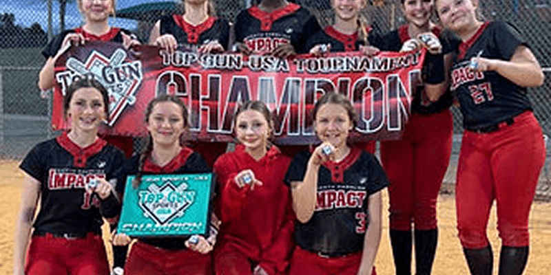 Girls softball team posing with champion banner