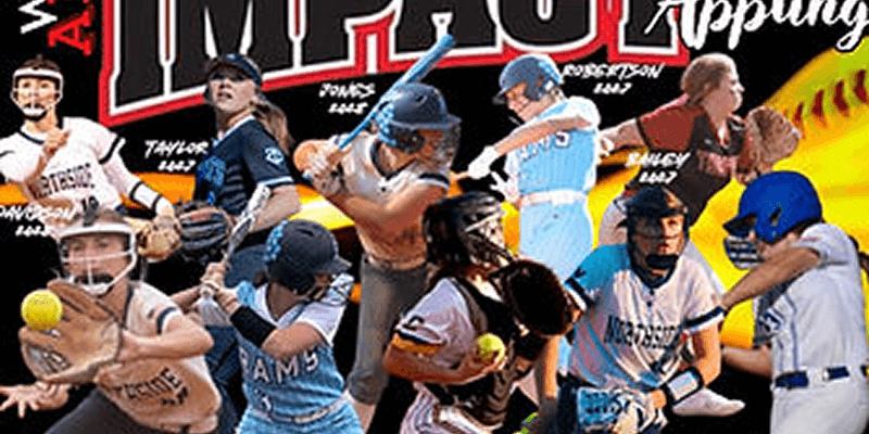 Softball players in action with dynamic background.