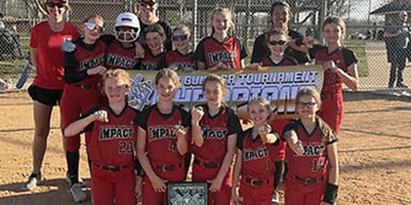Girls softball team posing with championship banner