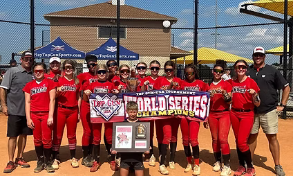 Softball team holding championship banner and trophy.