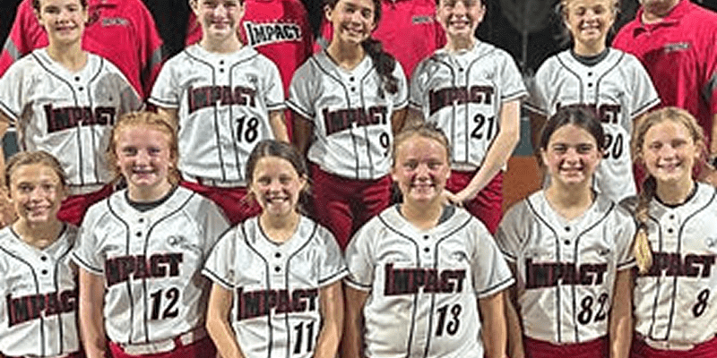 Youth softball team posing in uniforms, smiling.