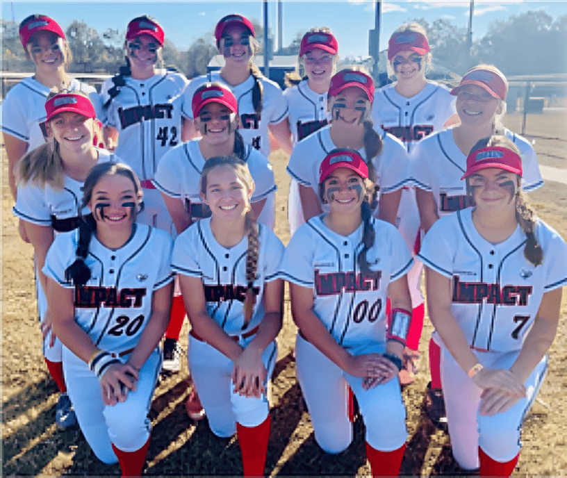 Softball team posing in uniforms and hats.