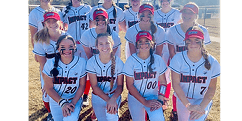 Girls' softball team posing together outdoors.