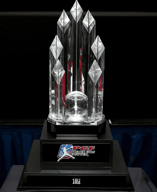 Crystal trophy with a softball inside.
