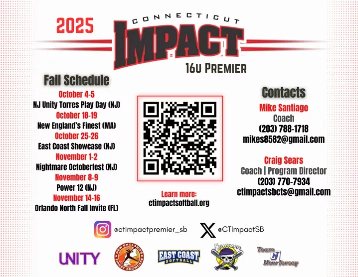 Connecticut Impact 16U softball schedule flyer.