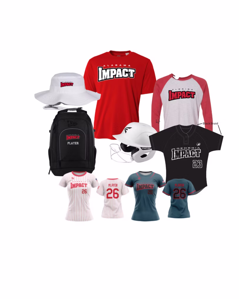 Collection of diverse sports-themed apparel including hats, shirts, and hoodies.