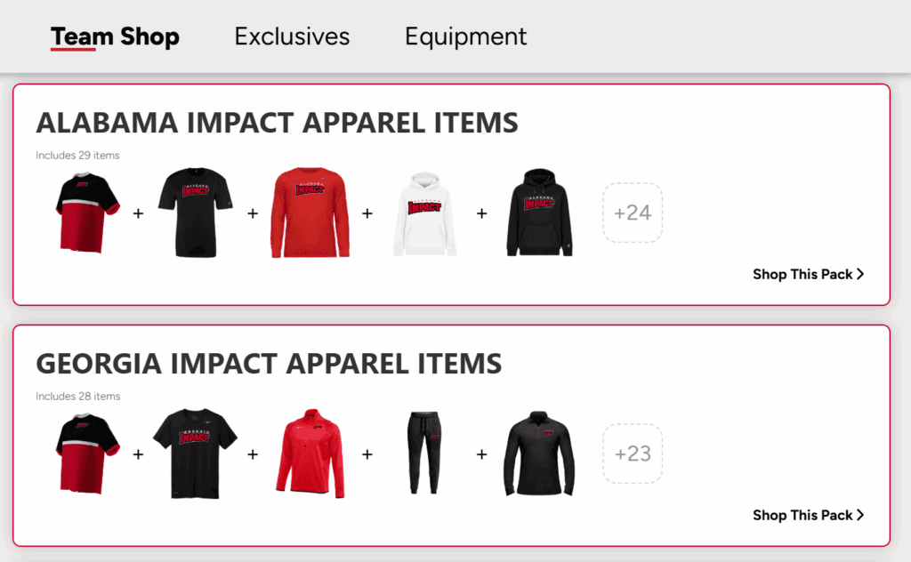Two sets of impact apparel items including shirts, hoodies, and sweatpants.