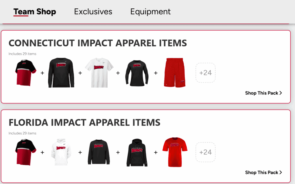 Display of cut impact apparel including shirts, jackets, and shorts in black, white, and red colors.
