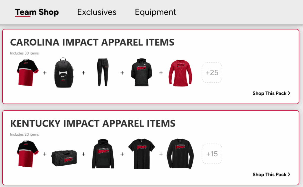 Various Impact apparel items including hoodies, t-shirts, and joggers displayed for sale.