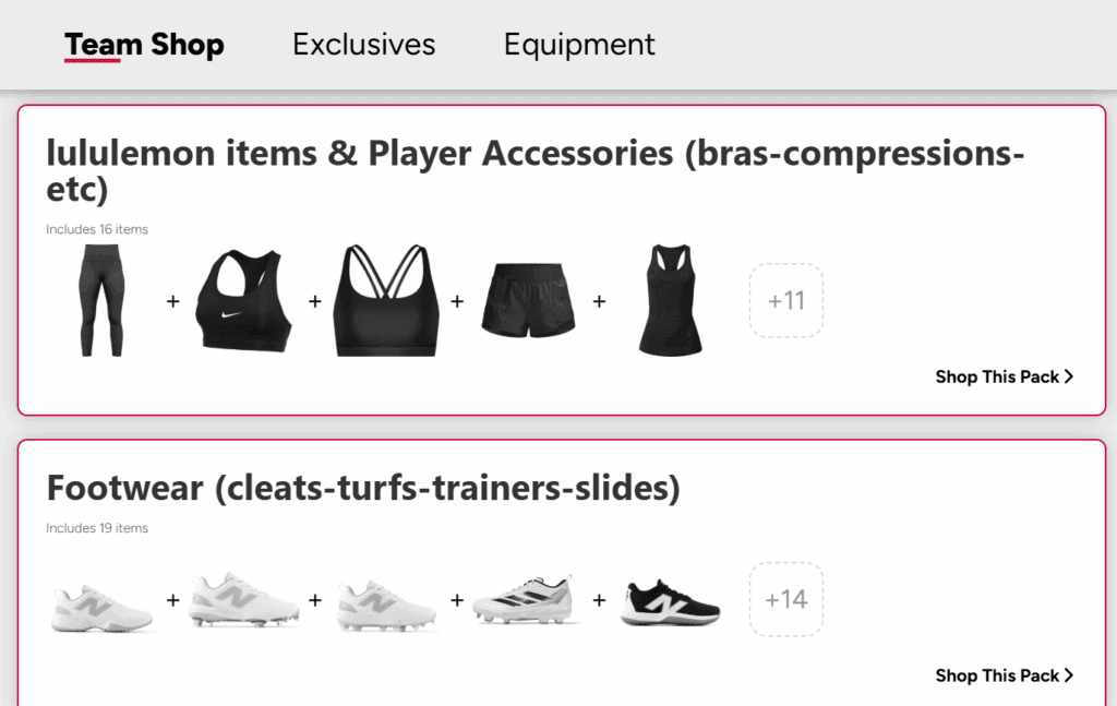 Screenshot of a sportswear shopping page showing bras and shoes.