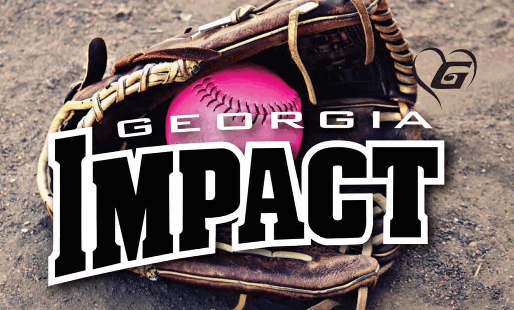 Georgia Impact logo over glove and pink softball