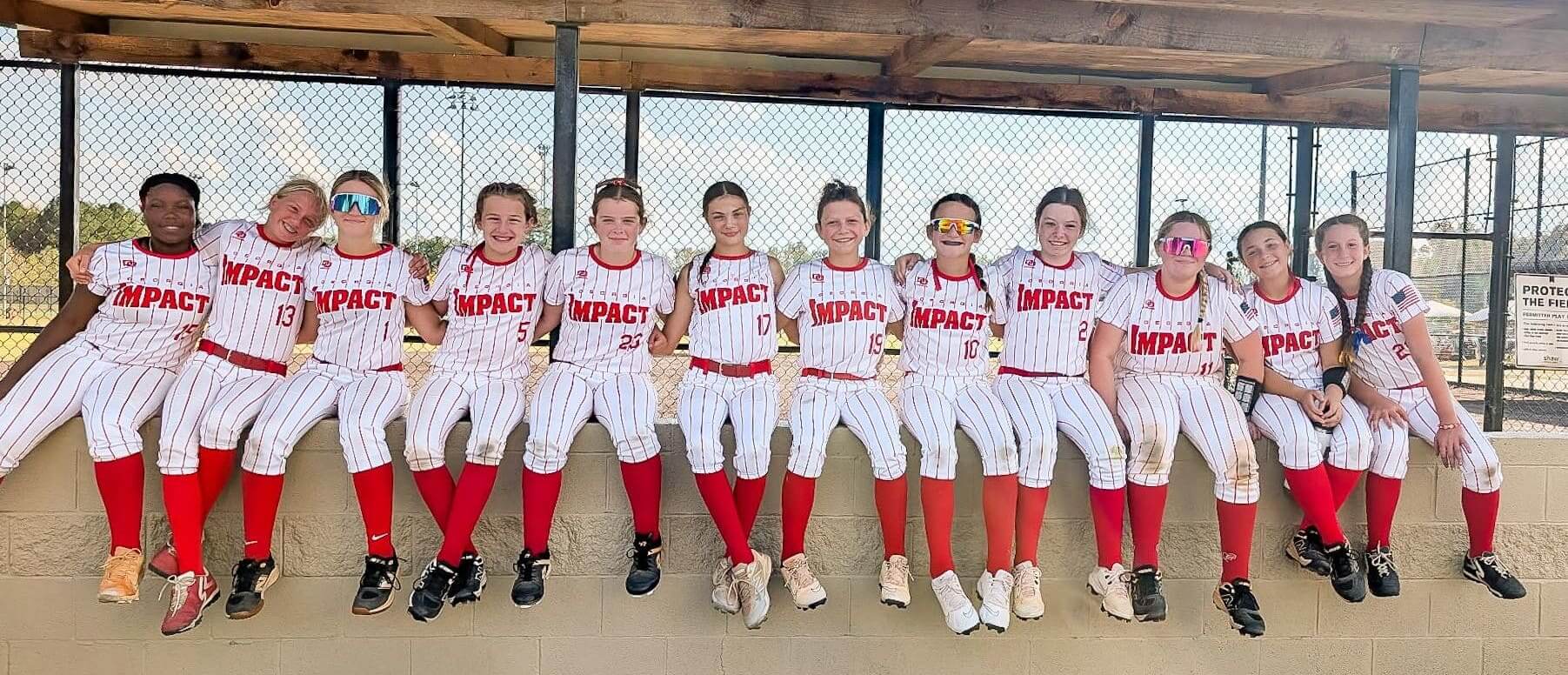 A girls' baseball team posing together in matching uniforms.