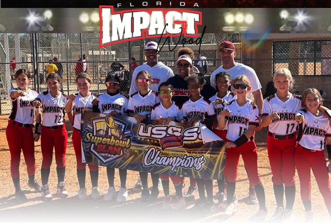 Softball team celebrates USSSA championship with banner and trophies.