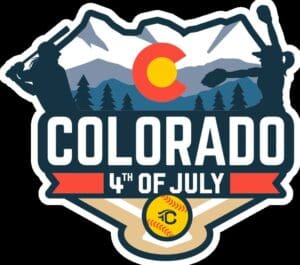 Colorado-themed 4th of July fishing graphic with mountains and pine trees.