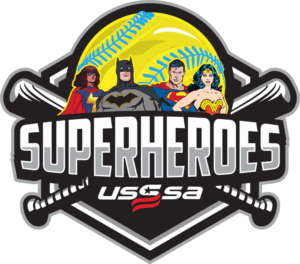Superheroes softball logo with Batman, Superman, Wonder Woman