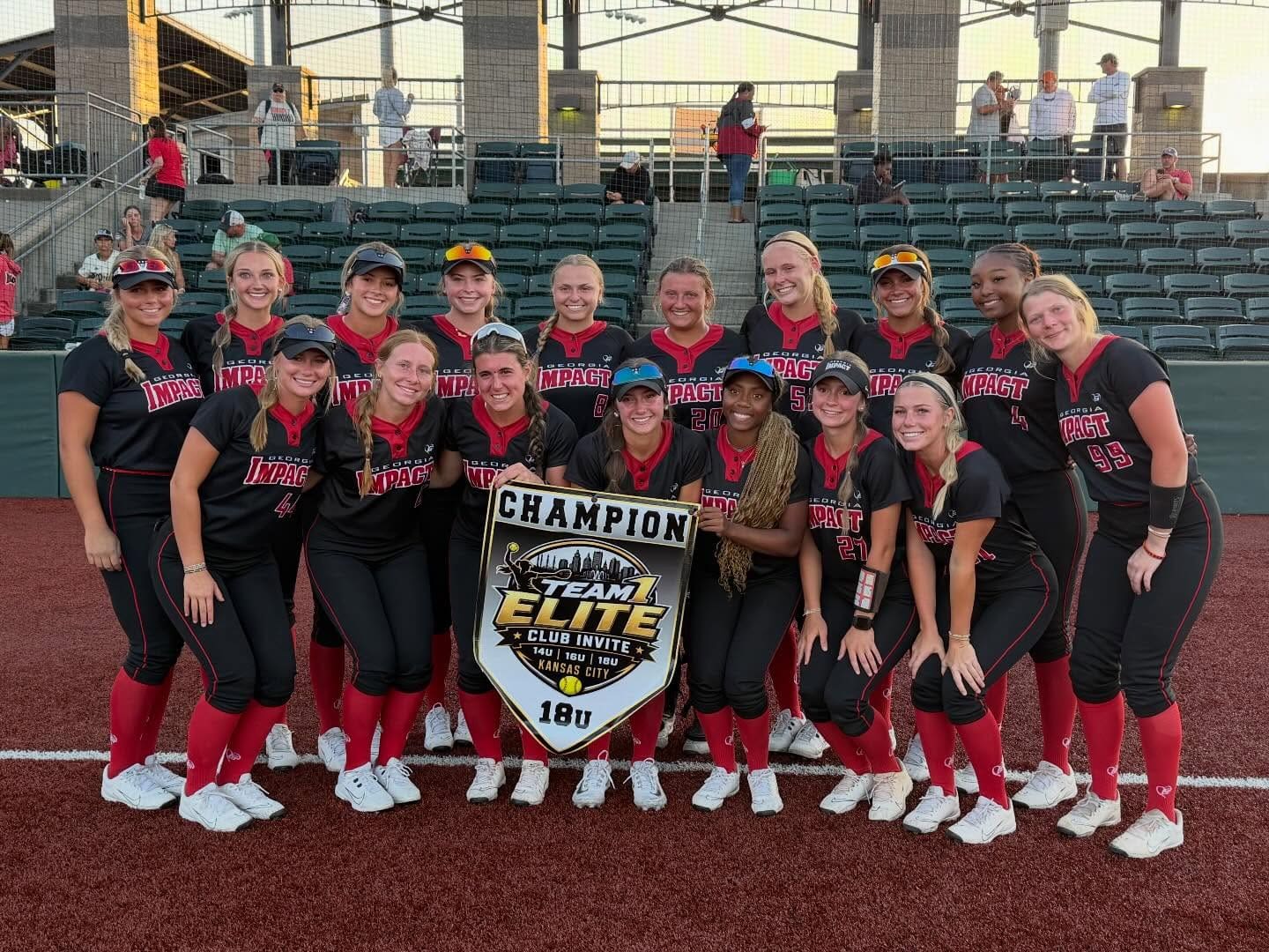 Softball team posing with championship banner