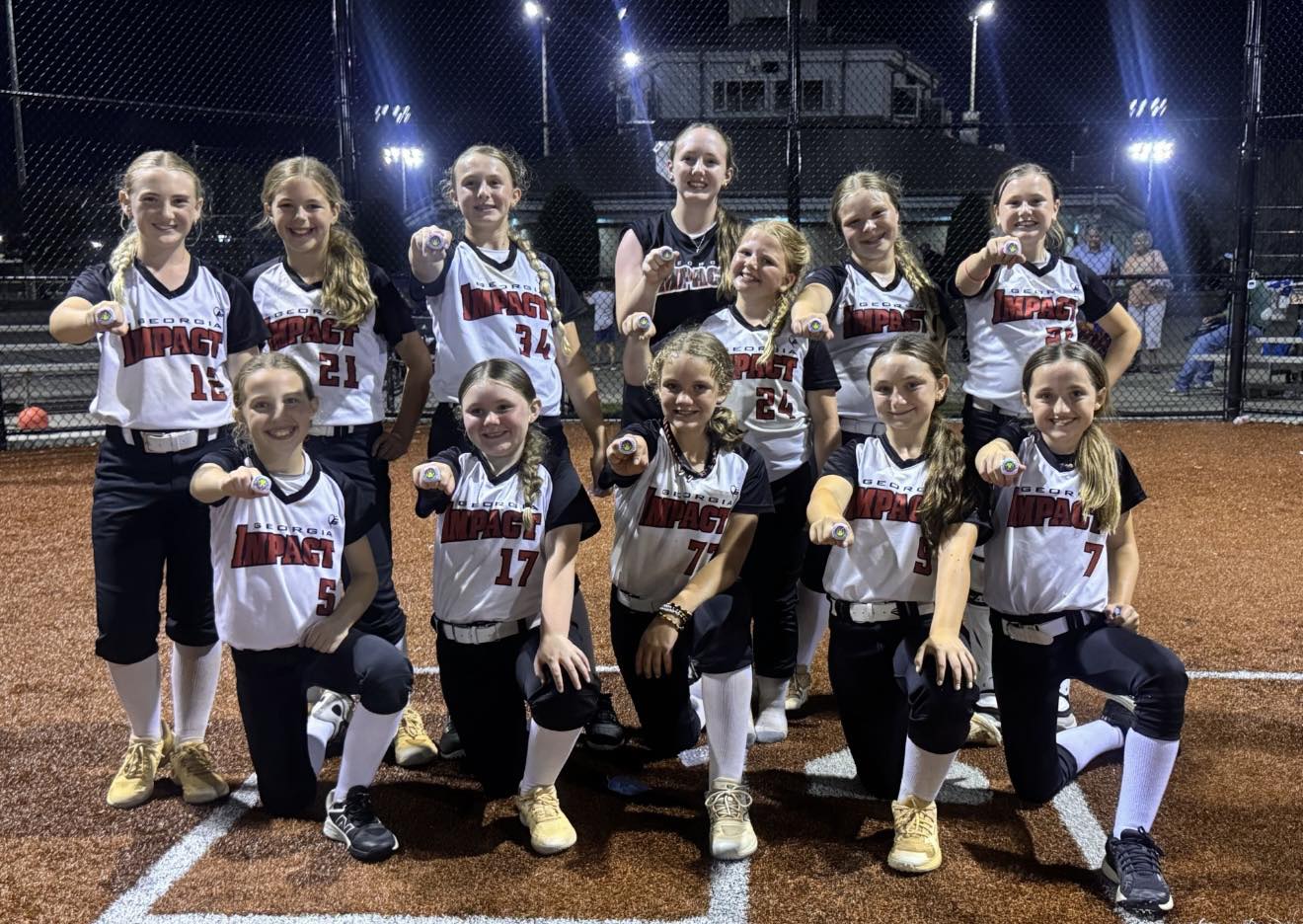 Players showing championship rings at night field