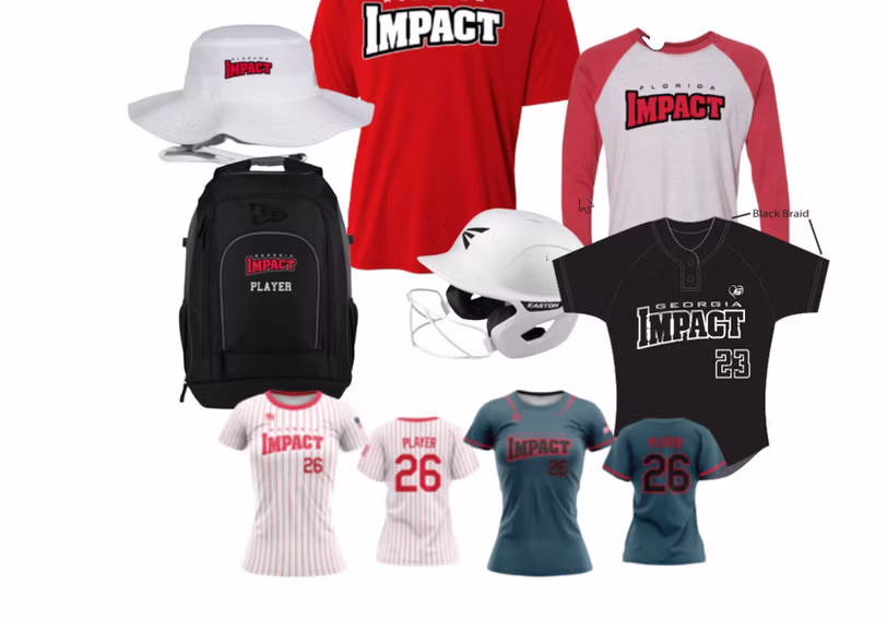 Collection of diverse sports-themed apparel including hats, shirts, and hoodies.